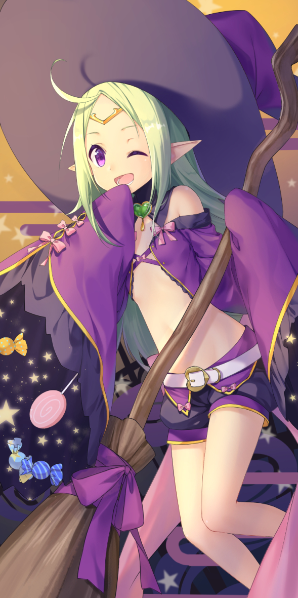 1girl ;d bare_shoulders belt_buckle black_shorts blush bow breasts broom buckle candy candy_wrapper fire_emblem fire_emblem:_kakusei food green_hair hat heart heart_buckle holding holding_broom lollipop long_hair long_sleeves looking_at_viewer mamkute nowi_(fire_emblem) one_eye_closed open_mouth pink_bow pointy_ears purple_hat purple_shirt shirt short_shorts shorts sidelocks sleeves_past_fingers sleeves_past_wrists small_breasts smile solo star swirl_lollipop transistor very_long_hair violet_eyes white_belt wide_sleeves witch_hat