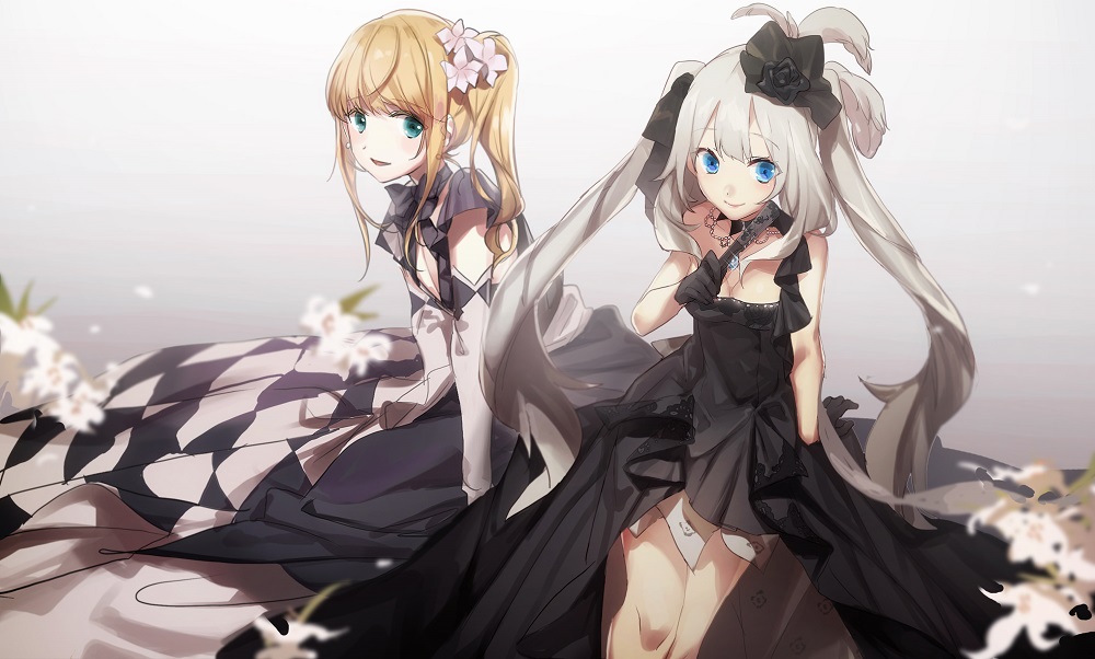 2girls bangs bare_arms bare_shoulders bent_elbow black_dress black_gloves blonde_hair blue_eyes blush breasts chevalier_d'eon_(fate/grand_order) closed_mouth commentary_request dress elbow_gloves fate/grand_order fate_(series) flower gloves green_eyes grey_background hair_flower hair_ornament long_hair looking_at_viewer marie_antoinette_(fate/grand_order) medium_breasts multiple_girls no-kan parted_lips silver_hair sitting smile white_gloves
