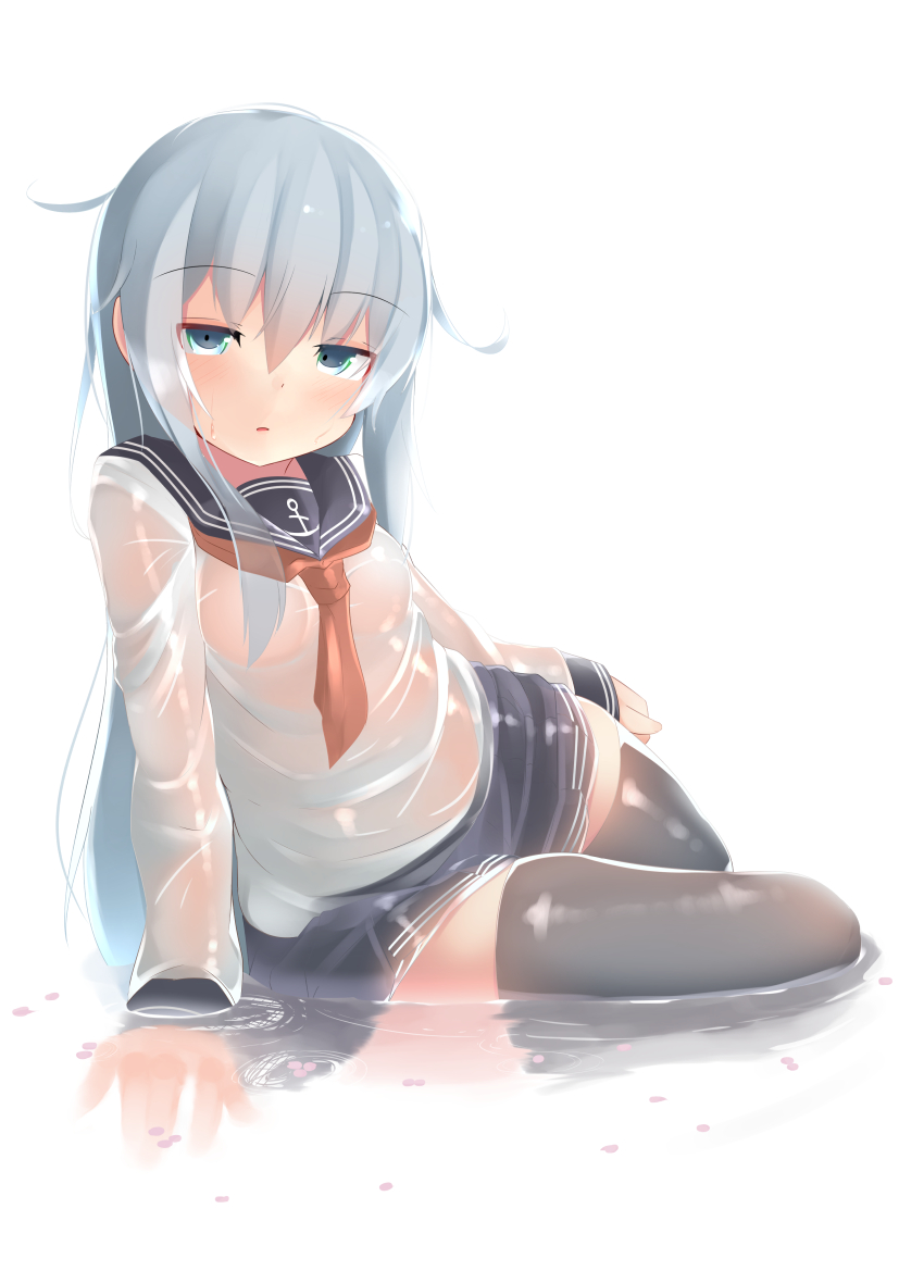 1girl bangs black_legwear blue_eyes breasts cherry_blossoms eyebrows_visible_through_hair hibiki_(kantai_collection) kantai_collection long_hair long_sleeves ne_an_ito neckerchief no_hat no_headwear parted_lips partially_submerged petals ripples school_uniform serafuku silver_hair small_breasts solo thigh-highs wet wet_clothes zettai_ryouiki