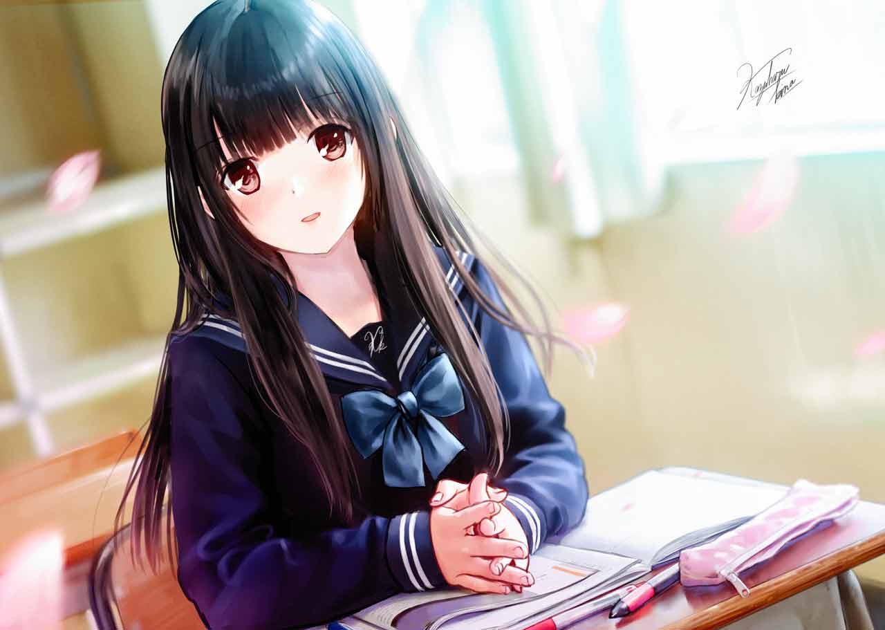 1girl :d bangs black_hair blue_bow blue_neckwear blue_sailor_collar blue_shirt blunt_bangs blurry blurry_background blush book bow bowtie classroom depth_of_field desk dutch_angle freckles indoors kazuharu_kina long_hair long_sleeves looking_at_viewer open_book open_mouth original own_hands_together pen pencil_case petals red_eyes sailor_collar school_desk school_uniform serafuku shiny shiny_hair shirt signature sitting smile solo straight_hair tareme upper_body