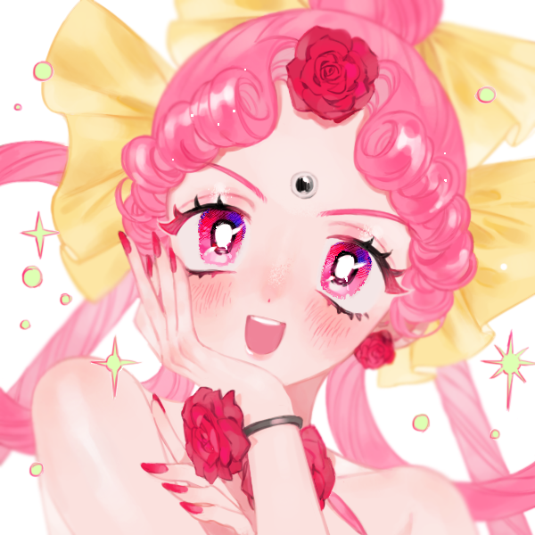 1girl :d bishoujo_senshi_sailor_moon cerecere_(sailor_moon) face fingernails frost_fog hair_rings hand_on_own_cheek looking_at_viewer nail_polish open_mouth pink_eyes pink_hair pink_nails smile solo