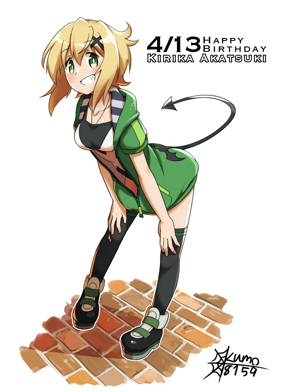 1girl akatsuki_kirika artist_name black_legwear blonde_hair blush breasts commentary_request dated demon_tail eyebrows_visible_through_hair full_body green_eyes green_hoodie grin hair_ornament happy_birthday highres hood hoodie kumo_(kumo8159) leaning_forward looking_at_viewer medium_breasts parted_lips senki_zesshou_symphogear shiny shiny_hair shoes short_hair smile solo standing tail text white_background x_hair_ornament