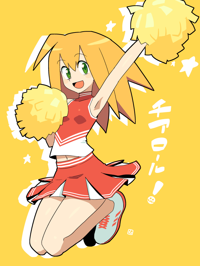 ! 1girl arm_up armpits bangs bare_arms bare_legs blonde_hair blush breasts capcom cheerleader full_body green_eyes jumping legs_together legs_up long_hair miniskirt muu_(mumumer) open_mouth outstretched_arm pom_poms rockman rockman_dash roll_caskett shoes simple_background skirt small_breasts smile sneakers solo star text yellow_background