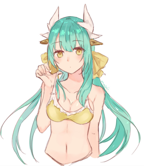 1girl bare_arms bare_shoulders bikini blue_hair blush bow breasts closed_mouth eyebrows_visible_through_hair fate/grand_order fate_(series) hair_bow hair_ornament hand_up horns kiyohime_(fate/grand_order) kiyohime_(swimsuit_lancer)_(fate) long_hair medium_breasts mochii navel solo swimsuit upper_body yellow_bikini yellow_bow yellow_eyes