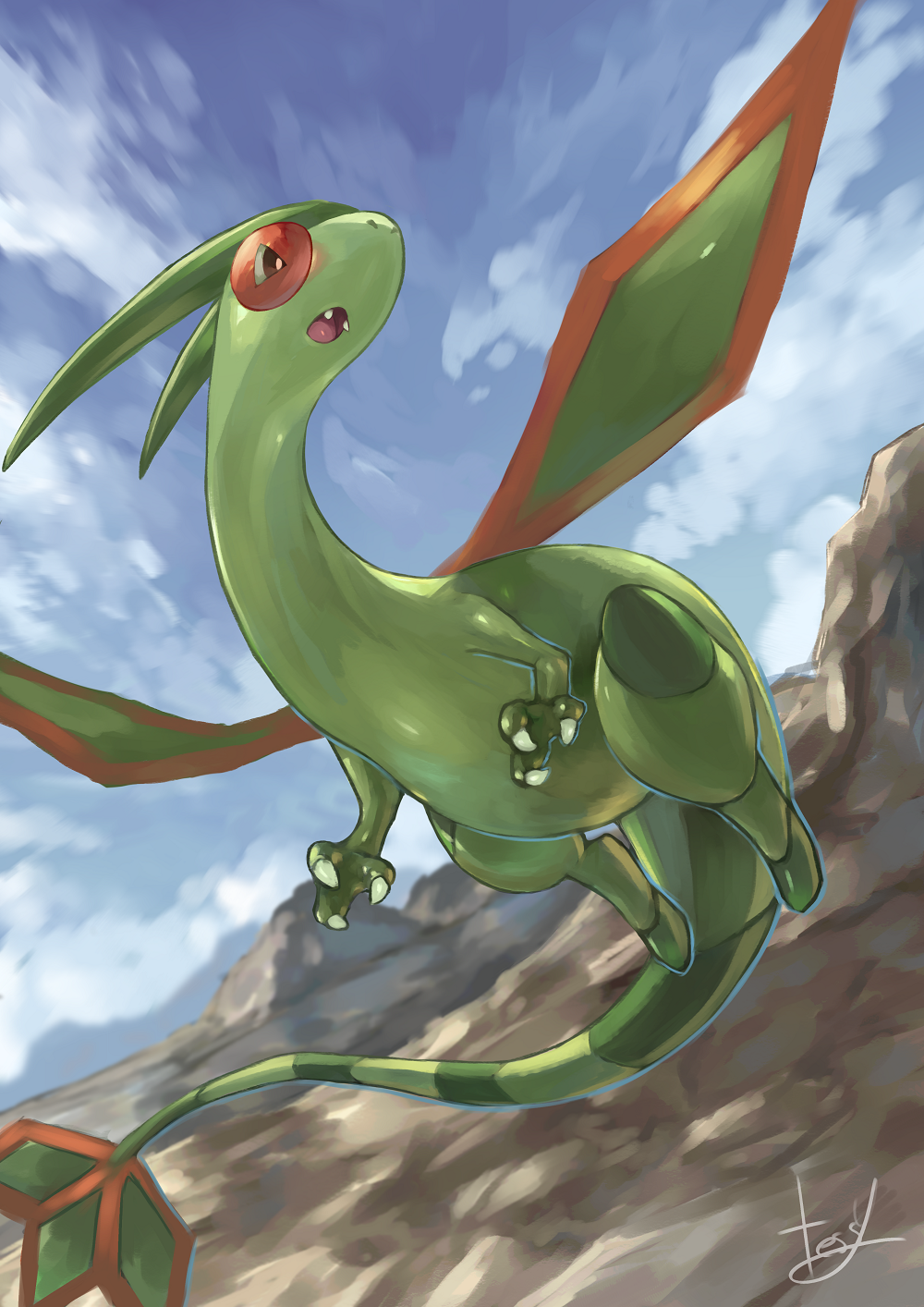 clouds flygon gen_3_pokemon highres no_humans pokemon pokemon_(creature) sky solo tesshii_(riza4828)