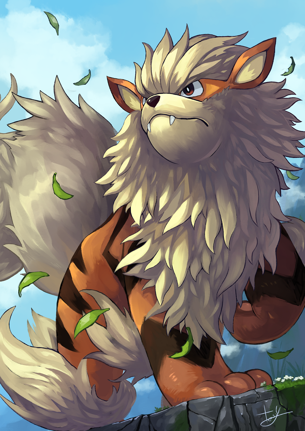 arcanine fangs gen_1_pokemon highres leaf no_humans outdoors pokemon pokemon_(creature) smile tesshii_(riza4828)