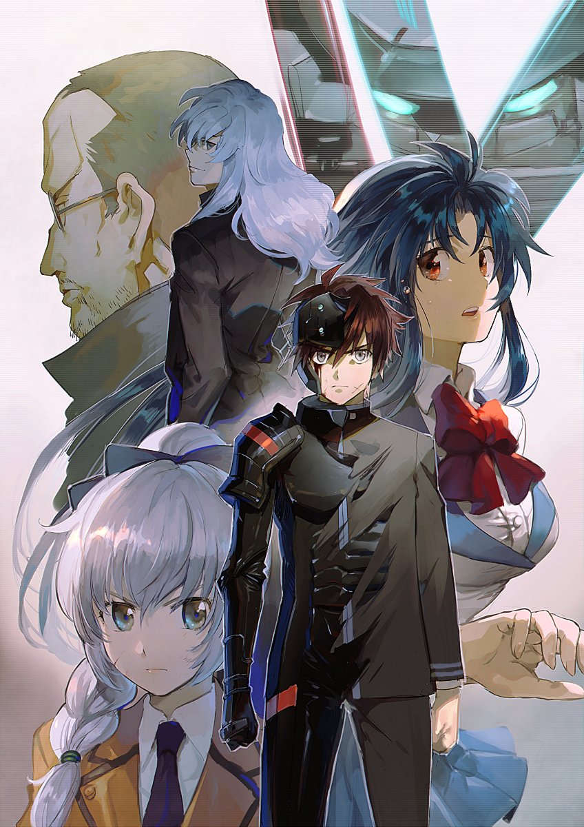 2girls 3boys aoki_(fumomo) arbalest black_hair blazer blue_hair bodysuit bow bowtie braid breasts brother_and_sister brown_hair chidori_kaname clenched_hands collared_shirt cowboy_shot cross_scar expressionless facial_hair facial_scar full_metal_panic! glasses gradient gradient_background grey_background grey_eyes hair_bow helmet highres jacket kurama_(full_metal_panic!) leonard_testarossa long_hair looking_at_viewer looking_back mecha medium_breasts military military_uniform multiple_boys multiple_girls mustache necktie open_mouth pants ponytail portrait profile red_eyes sagara_sousuke scar scar_on_cheek school_uniform serafuku shirt short_hair siblings silver_hair simple_background spiky_hair tears teletha_testarossa uniform