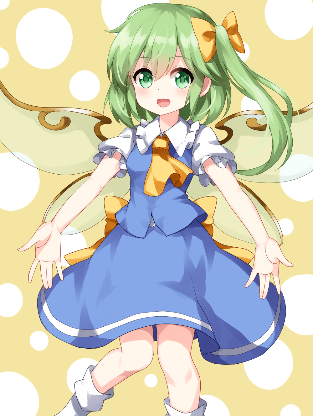 1girl :d ascot blue_skirt bow daiyousei eyebrows_visible_through_hair fairy_wings green_eyes green_hair hair_between_eyes hair_bow highres long_hair looking_at_viewer open_mouth outstretched_arms puffy_short_sleeves puffy_sleeves ruu_(tksymkw) short_sleeves side_ponytail skirt skirt_set smile socks solo touhou white_legwear wings yellow_bow yellow_neckwear