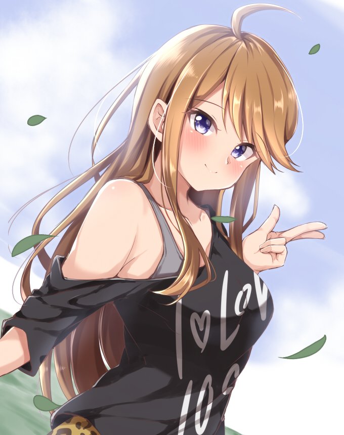 1girl ahoge bangs black_shirt blue_eyes blue_sky blush body_blush bra breasts closed_mouth clothes_writing clouds day dutch_angle grey_bra heart idolmaster idolmaster_cinderella_girls jiino leaf medium_breasts off_shoulder outdoors shiny shiny_hair shirt short_sleeves single_bare_shoulder sky smile solo swept_bangs tokoro_megumi underwear upper_body v