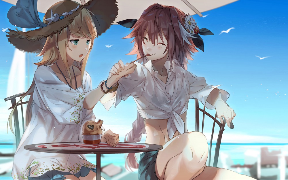 1boy androgynous astolfo_(fate) bikini_top bird blonde_hair blue_sky blush braid chair chevalier_d'eon_(fate/grand_order) closed_eyes closed_mouth commentary_request crossdressinging day facing_another fate/apocrypha fate/grand_order fate_(series) flower food green_eyes hair_flower hair_ornament hat ice_cream long_hair looking_at_another midriff multicolored_hair no-kan ocean open_mouth redhead seagull shirt short_shorts shorts sitting sky smile spoon spoon_in_mouth streaked_hair sun_hat table tied_shirt trap white_shirt