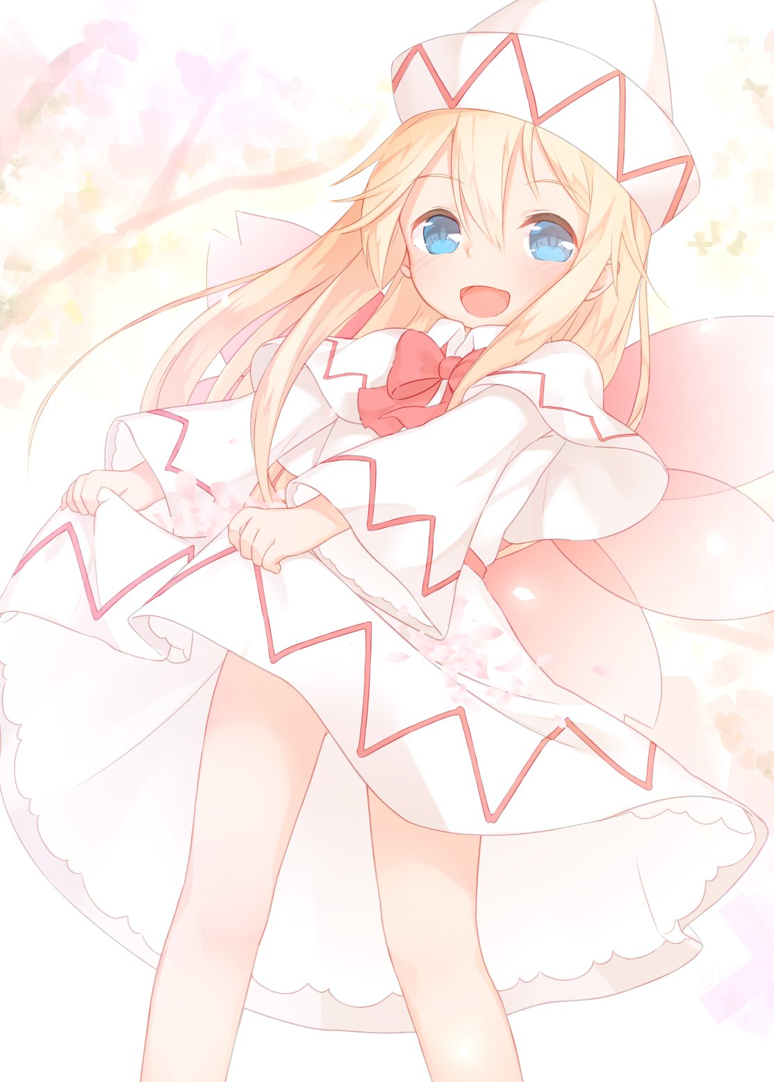 bare_legs blonde_hair blue_eyes bow bowtie capelet cherry_blossoms dress dress_lift fairy_wings flower hair_between_eyes hat highres lifted_by_self lily_white long_hair long_sleeves looking_at_viewer open_mouth red_neckwear sakurea smile standing touhou white_dress white_hat wide_sleeves wings