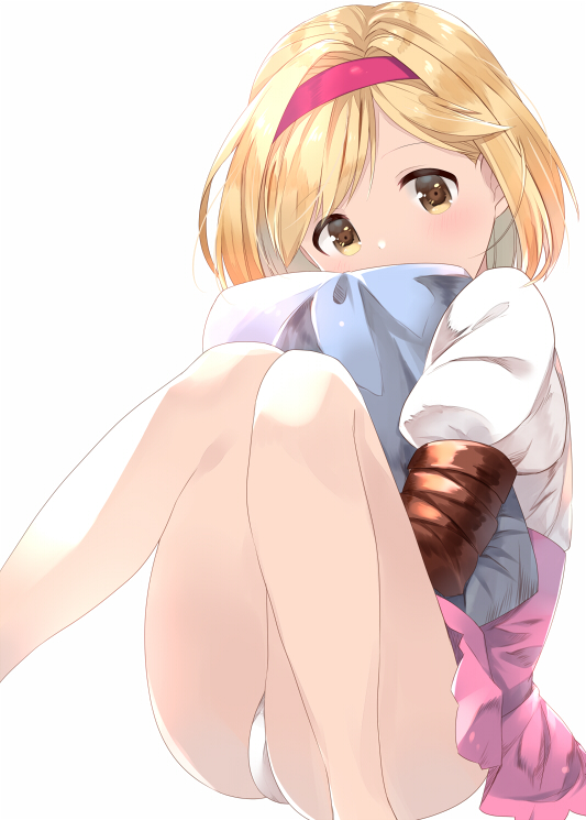 1girl blonde_hair blush brown_eyes commentary_request detached_sleeves djeeta_(granblue_fantasy) dress granblue_fantasy hairband looking_at_viewer nasunoko pillow pillow_hug pink_dress pink_hairband puffy_short_sleeves puffy_sleeves short_hair short_sleeves simple_background solo white_background