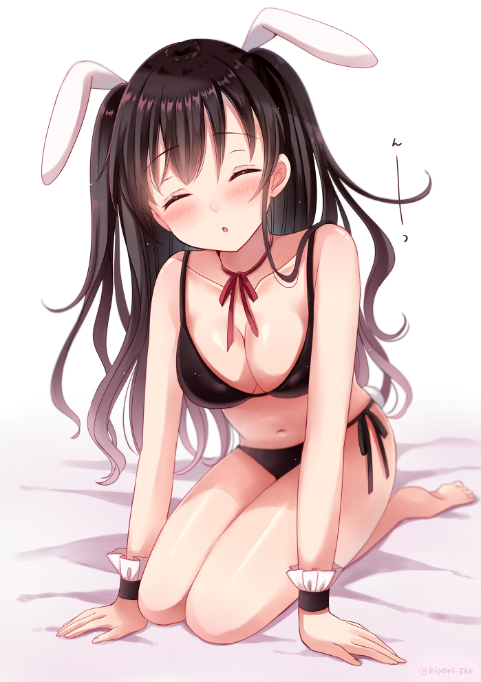 1girl :o animal_ears arm_support bangs bare_legs bare_shoulders barefoot bed_sheet black_bra black_hair black_panties blush bra breasts cleavage closed_eyes collarbone commentary_request eyebrows_visible_through_hair facing_viewer head_tilt incoming_kiss large_breasts long_hair navel neck_ribbon original panties parted_lips rabbit_ears red_ribbon ribbon sakura_hiyori seiza side-tie_panties sitting soles solo two_side_up underwear underwear_only very_long_hair white_background wrist_cuffs