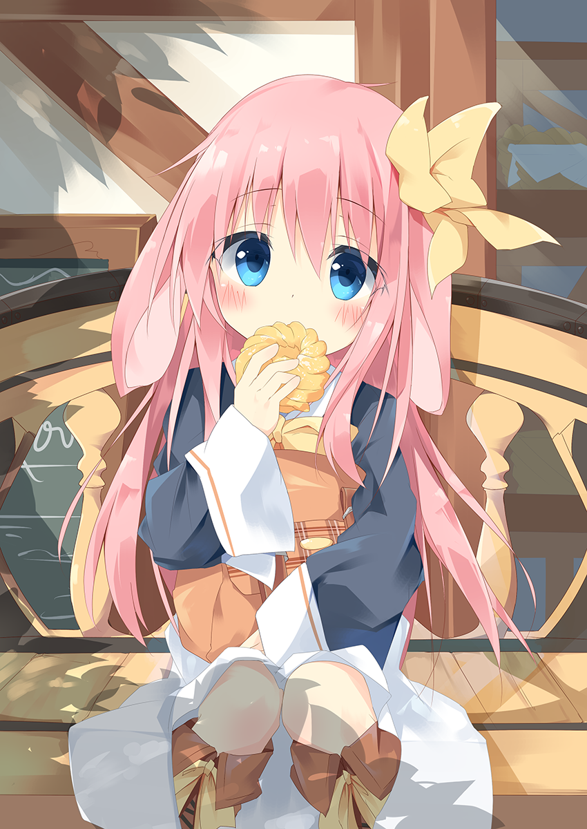 1girl animal_ears back bangs bench black_jacket blue_eyes blush boots bow brown_footwear commentary_request covered_mouth day doughnut ears_down eyebrows_visible_through_hair food french_cruller hair_between_eyes hair_bow head_tilt highres holding holding_food jacket knee_boots kushida_you long_sleeves looking_at_viewer object_hug on_bench original outdoors pink_hair rabbit_ears sitting sitting_on_bench skirt sleeves_past_wrists solo white_skirt wide_sleeves yellow_bow