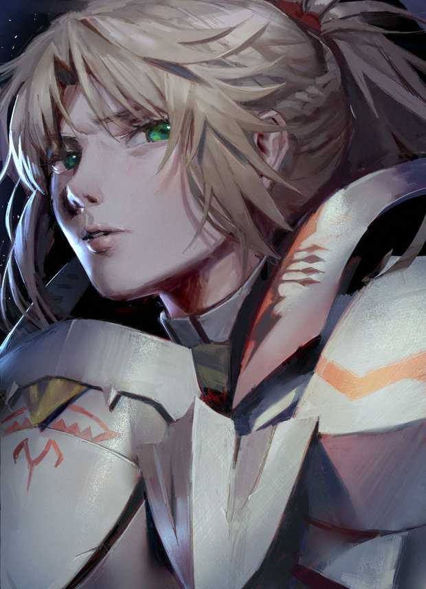 1girl armor bangs blonde_hair braid breastplate eyebrows eyelashes fate/apocrypha fate_(series) french_braid full_armor green_eyes hair_intakes hair_ornament hair_scrunchie lips mebaru mordred_(fate) mordred_(fate)_(all) nose parted_lips pauldrons ponytail portrait realistic red_scrunchie scrunchie short_hair sidelocks solo upper_body