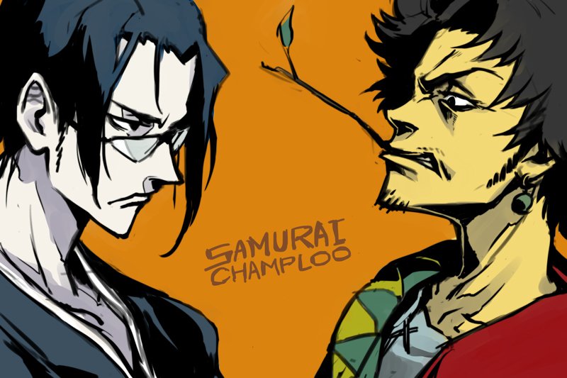 2boys afro black_eyes black_hair commentary_request earrings eye_contact facial_hair from_side glasses hankuri japanese_clothes jewelry jinnosuke limited_palette looking_at_another mouth_hold mugen multiple_boys over-rim_eyewear samurai_champloo sanpaku semi-rimless_eyewear stubble