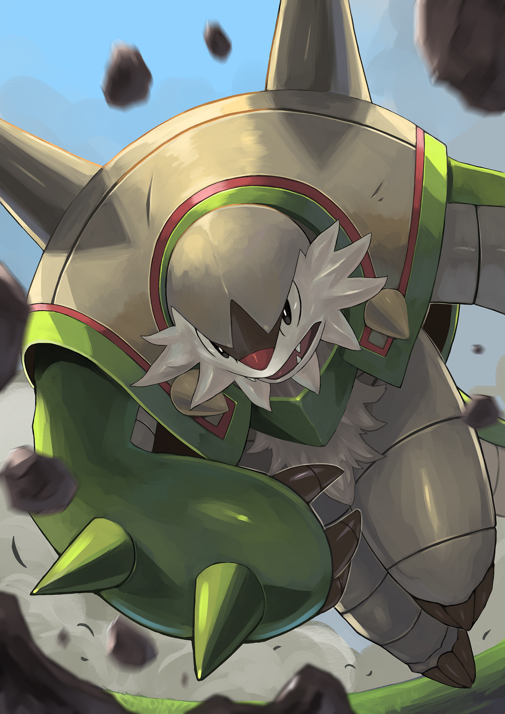 chesnaught fang gen_6_pokemon highres no_humans pokemon pokemon_(creature) rock tesshii_(riza4828)