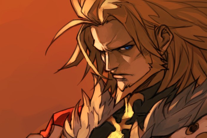 1boy arc_system_works beard blonde_hair blue_eyes closed_mouth commentary_request facial_hair from_side frown fur_trim guilty_gear guilty_gear_xrd hankuri leo_whitefang looking_at_viewer male_focus red_background solo upper_body