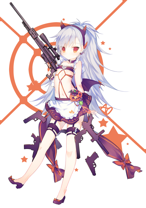 1girl apron bow breasts choker closers collarbone demon_wings eyebrows_visible_through_hair fake_horns frilled_apron frills full_body gun high_ponytail holding holding_gun holding_weapon long_hair looking_at_viewer midriff miniskirt navel orange_eyes pumpkin purple_footwear purple_hair purple_skirt purple_wings shoe_bow shoes silver_hair simple_background skirt small_breasts solo standing stomach thigh_strap tina_(closers) underwear utm very_long_hair weapon white_apron white_background wings