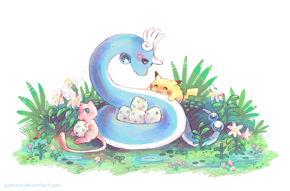 :3 aqua_eyes black_eyes blue_eyes blush_stickers closed_mouth creature dragonair egg english_commentary flower gen_1_pokemon grass holding holding_egg horn looking_away looking_back looking_down mew no_humans paleona pikachu pokemon_(creature) puddle simple_background sitting water watermark web_address white_background