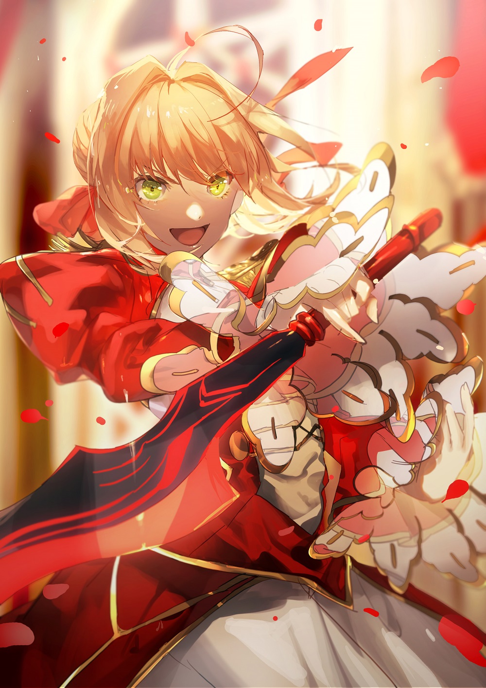 1girl :d aestus_estus ahoge blonde_hair commentary_request epaulettes fate/extra fate_(series) green_hair hair_intakes highres looking_at_viewer nero_claudius_(fate) nero_claudius_(fate)_(all) no-kan open_mouth smile sword v-shaped_eyebrows weapon