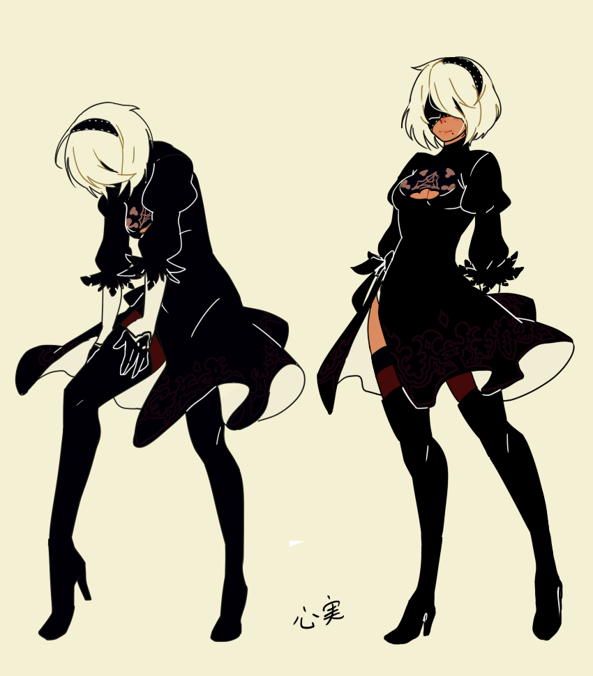 1girl black_dress black_hairband blindfold boots breasts brown_legwear cleavage cleavage_cutout covered_eyes dress feather-trimmed_sleeves full_body hairband high_heel_boots high_heels juliet_sleeves kokomi_(aniesuakkaman) long_legs long_sleeves mole mole_under_mouth multiple_views nier_(series) nier_automata puffy_sleeves side_slit small_breasts thigh-highs thigh_boots thighhighs_under_boots white_hair yorha_no._2_type_b