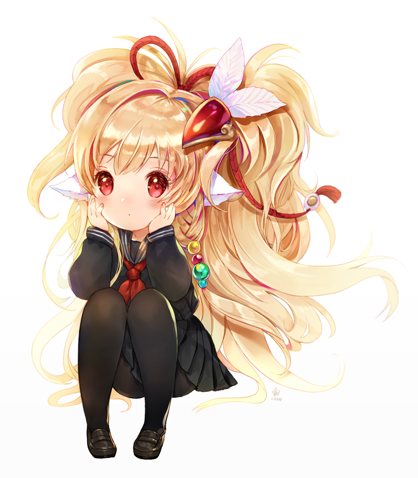 1girl 61um animal_ears arm_rest beads black_legwear black_shirt black_skirt blonde_hair chin_rest granblue_fantasy hair_beads hair_ornament knees_to_chest knees_up long_hair makira_(granblue_fantasy) pantyhose ponytail red_eyes rope school_uniform serafuku shirt shoes simple_background sitting skirt solo very_long_hair white_background