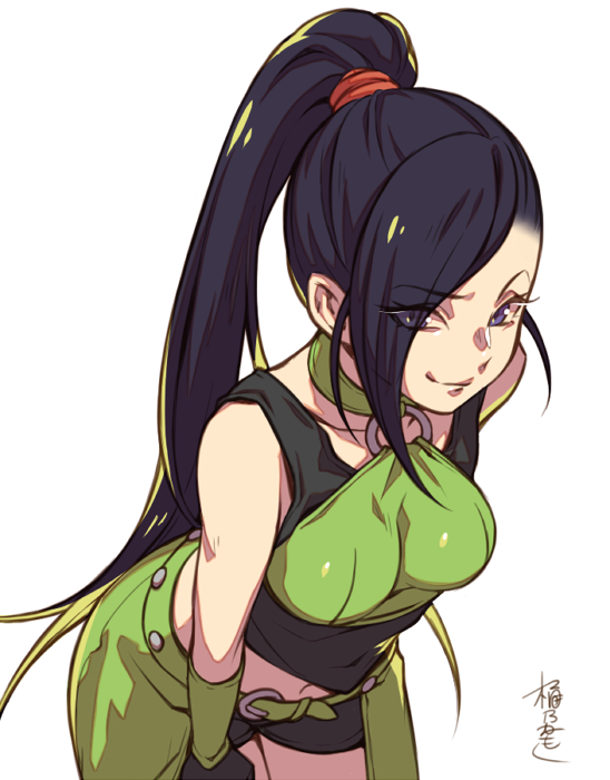 1girl bare_shoulders black_hair black_shorts breasts choker dragon_quest dragon_quest_xi eyebrows_visible_through_hair green_choker large_breasts leaning_forward long_hair looking_at_viewer martina_(dq11) midriff navel o-ring_top okeno_kamoku ponytail raised_eyebrow shorts smile solo tank_top very_long_hair violet_eyes waist_cape white_background