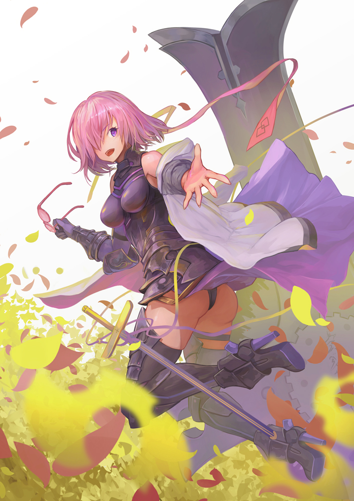 1girl armor armored_boots armored_dress ass boots breasts dress eyebrows_visible_through_hair fate/grand_order fate_(series) hair_over_one_eye high_heel_boots high_heels holding holding_eyewear jacket kawahara_ryuuta leaf leaves_in_wind looking_at_viewer mash_kyrielight medium_breasts off_shoulder open_mouth outstretched_arm pink_hair red_glasses shield short_hair simple_background sleeveless sleeveless_dress smile solo sword violet_eyes weapon white_background white_jacket