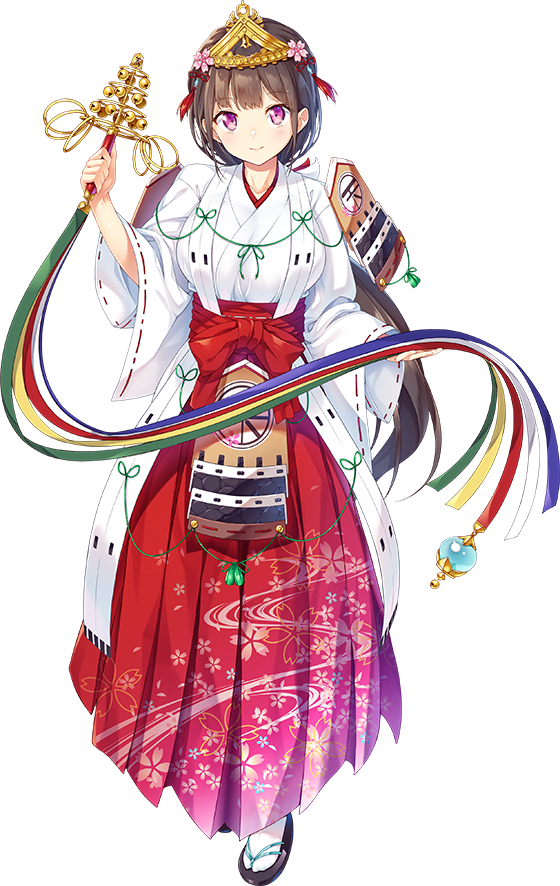 1girl artist_request breasts brown_hair eyebrows_visible_through_hair flower full_body hair_flower hair_ornament hakama holding_bell japanese_clothes large_breasts miko official_art oshiro_project oshiro_project_re red_hakama smile solo tendou_(oshiro_project) transparent_background violet_eyes