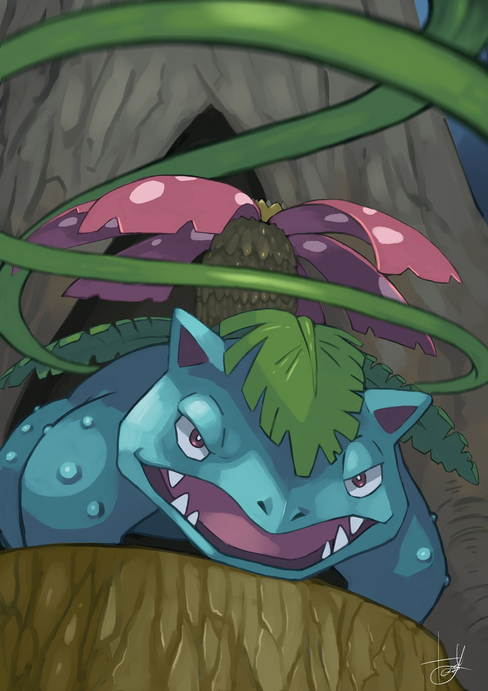 fangs forest gen_1_pokemon highres nature no_humans outdoors pokemon pokemon_(creature) scenery tesshii_(riza4828) tree venusaur