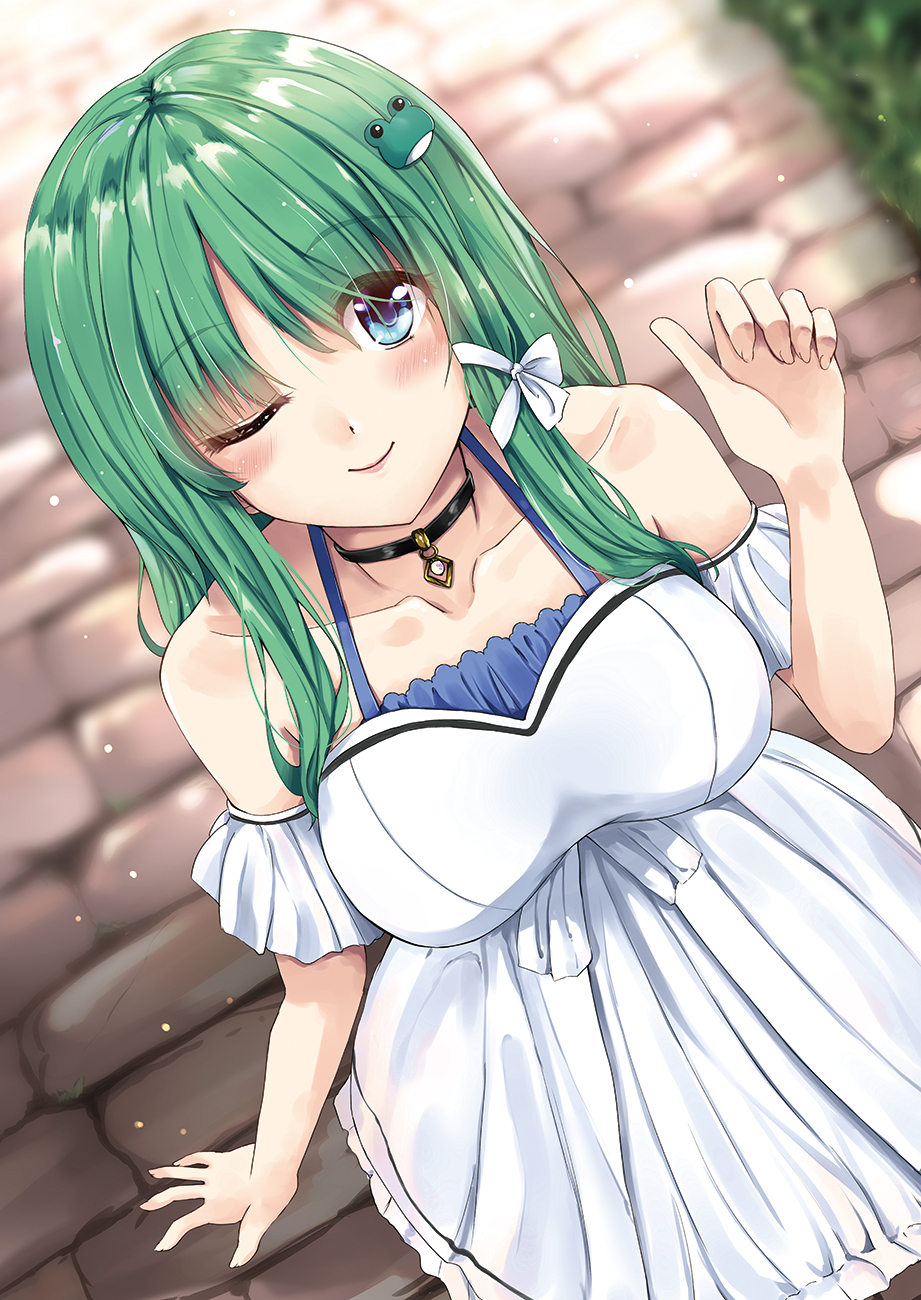 1girl ;) bare_shoulders blush breasts collarbone commentary_request detached_sleeves dress frog_hair_ornament from_above fule green_eyes green_hair hair_ornament hair_ribbon hand_up highres jewelry kochiya_sanae large_breasts long_hair looking_at_viewer necklace one_eye_closed outdoors ribbon smile solo strapless strapless_dress touhou white_dress white_ribbon