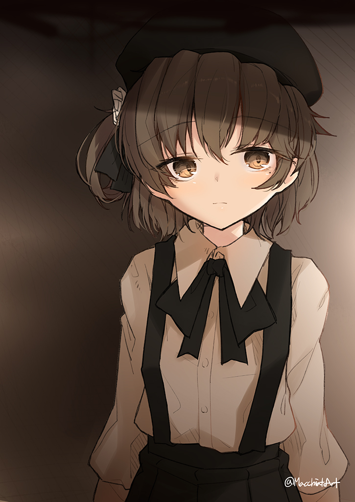 1girl bangs beret black_bow black_hat black_ribbon black_skirt blush bow brown_background brown_eyes brown_hair closed_mouth collared_shirt commentary_request eyebrows_visible_through_hair flower hair_between_eyes hair_flower hair_ornament hair_ribbon hat hatoba_tsugu hatoba_tsugu_(character) long_sleeves looking_at_viewer macchiato_(jae-min_cho) mole mole_under_eye pleated_skirt ribbon rose shirt sidelocks skirt solo suspender_skirt suspenders twitter_username virtual_youtuber white_flower white_rose white_shirt