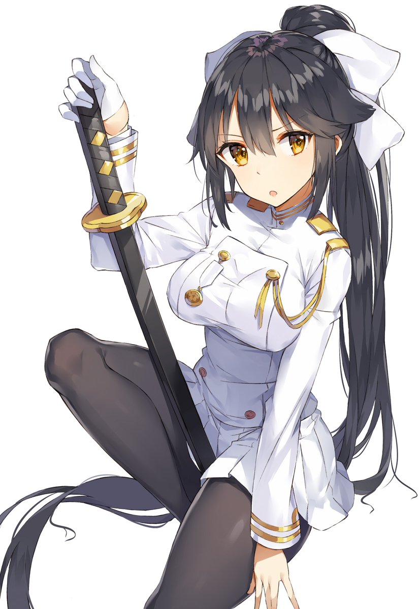 1girl :o aiguillette azur_lane badge bangs black_legwear blush bow breasts eyebrows_visible_through_hair freckles gloves hair_bow half_gloves highres katana knee_up large_breasts long_hair long_sleeves looking_at_viewer miniskirt open_mouth pantyhose pleated_skirt ponytail rikoma sheath sheathed shiny shiny_hair simple_background sitting skirt solo sword takao_(azur_lane) v-shaped_eyebrows very_long_hair weapon white_background white_bow white_gloves white_skirt