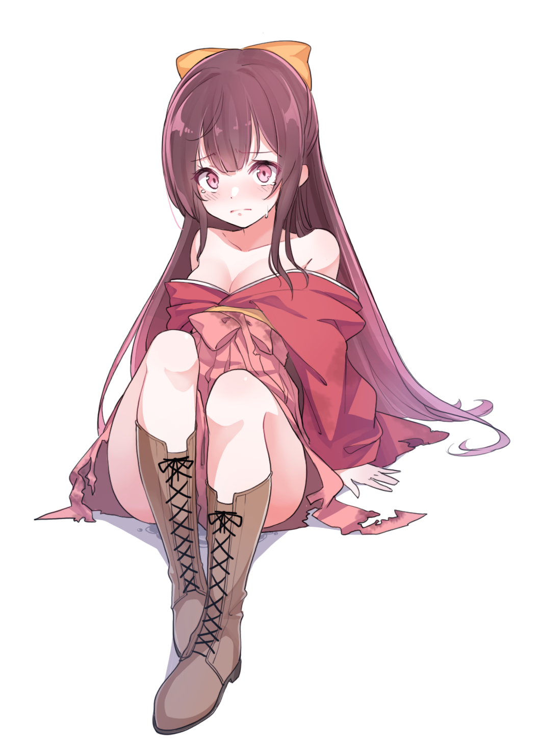 1girl arm_support bangs bare_shoulders blush boots bow breasts brown_footwear cleavage closed_mouth cross-laced_footwear eyebrows_visible_through_hair frown full_body hair_bow hakama half_updo highres japanese_clothes kamikaze_(kantai_collection) kantai_collection kimono kimono_pull knee_boots knees_up konnyaku_(kk-monmon) lace-up_boots long_hair long_sleeves looking_at_viewer medium_breasts nose_blush off_shoulder orange_bow pink_eyes pink_hakama purple_hair red_kimono simple_background sitting solo straight_hair tareme tearing_up tears torn_clothes torn_hakama very_long_hair white_background wide_sleeves