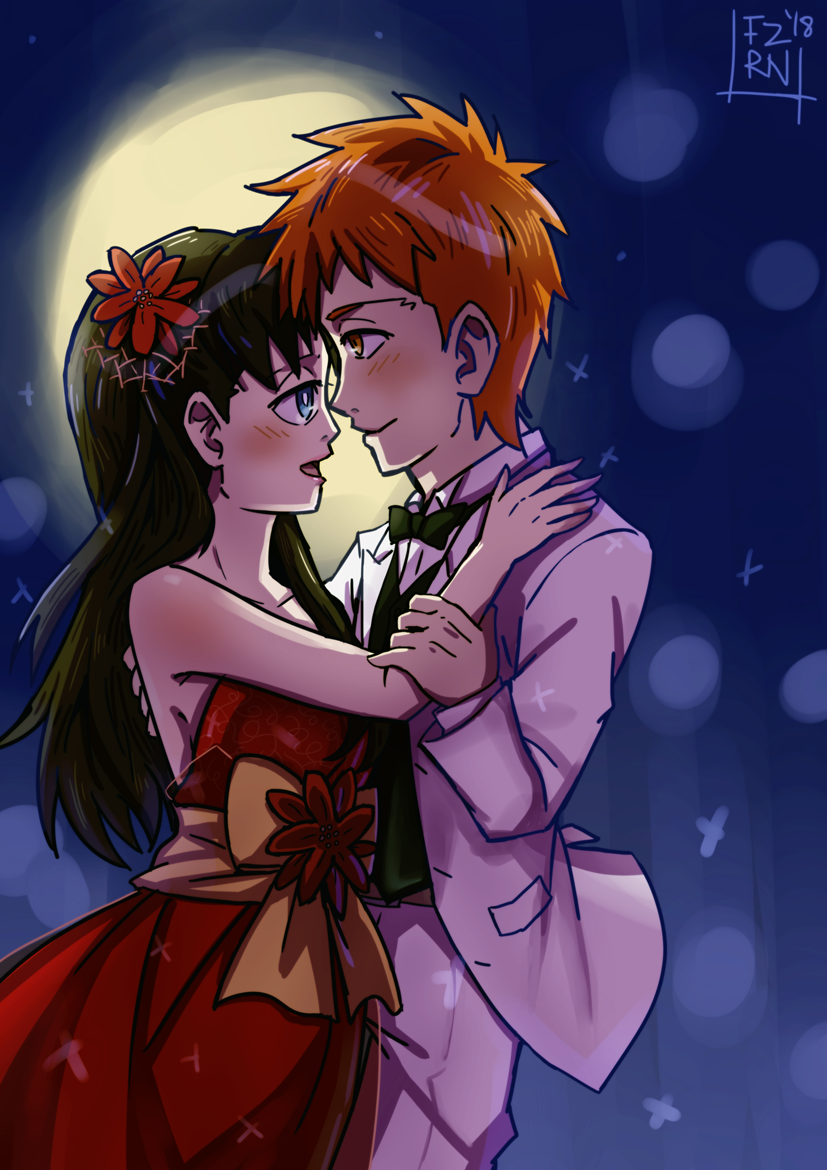 1boy 1girl black_hair blue_eyes blush bowtie couple dancing dress emiya_shirou fate/stay_night fate_(series) flower fuzzyren lips love moon night orange_hair red_dress suit tohsaka_rin waltz waltz_(dance) white_suit yellow_eyes