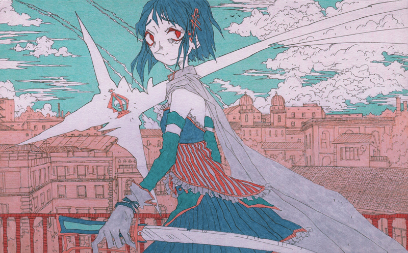 1girl bangs blue_hair building cape cityscape clouds cloudy_sky day detached_sleeves eyebrows_visible_through_hair frilled_skirt frills gloves hair_ornament hairclip holding holding_sword holding_weapon magical_girl mahou_shoujo_madoka_magica miki_sayaka outdoors pale_skin red_eyes scenery short_hair skirt sky smr03 solo soul_gem sword upper_body weapon white_gloves