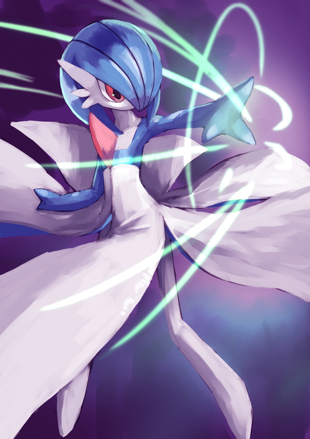 1girl blue_hair blush gardevoir gen_3_pokemon highres looking_at_viewer no_humans pokemon pokemon_(creature) red_eyes solo tesshii_(riza4828)