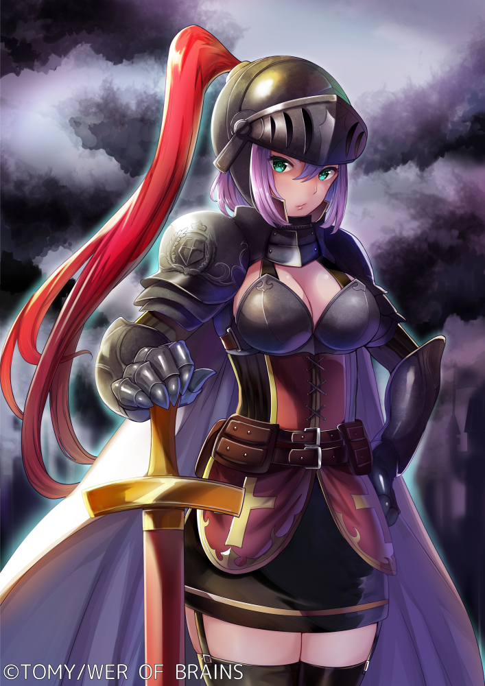 1girl :/ aqua_eyes belt belt_buckle belt_pouch black_legwear black_skirt blush breastplate breasts buckle cape cleavage closed_mouth clouds cloudy_sky copyright_name cowboy_shot cross_print emblem garter_straps gauntlets hair_between_eyes hand_on_hip helmet holding holding_sword holding_weapon knight lips looking_at_viewer medium_breasts meisuke_mei miniskirt official_art outdoors pauldrons pink_hair ponytail short_hair shoulder_armor skirt sky solo standing sword thigh-highs tsurime war_of_brains weapon white_cape zettai_ryouiki