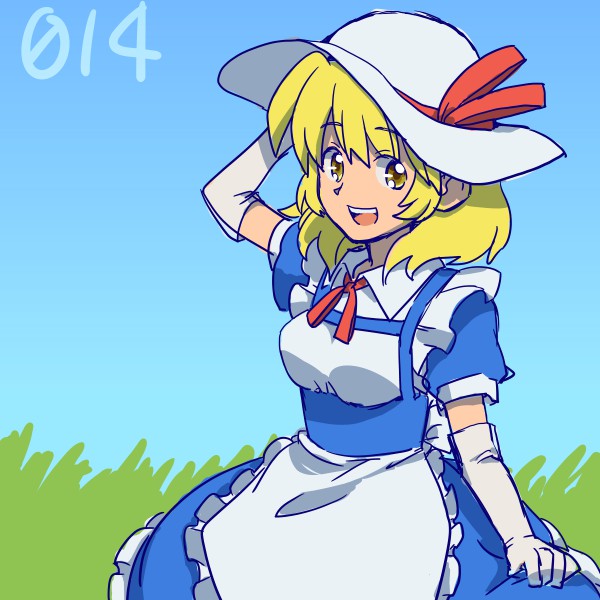 1girl :d apron arm_at_side arm_up bangs blonde_hair blue_dress blue_sky breasts day dress dress_lift elbow_gloves eyebrows eyebrows_visible_through_hair frilled_apron frilled_dress frills gloves grass hat hat_ribbon kana_anaberal lifted_by_self maid_apron medium_breasts number open_mouth outdoors puffy_short_sleeves puffy_sleeves red_ribbon ribbon shikido_(khf) short_hair short_sleeves sky smile solo sun_hat teeth touhou touhou_(pc-98) waist_apron white_apron white_gloves white_hat yellow_eyes