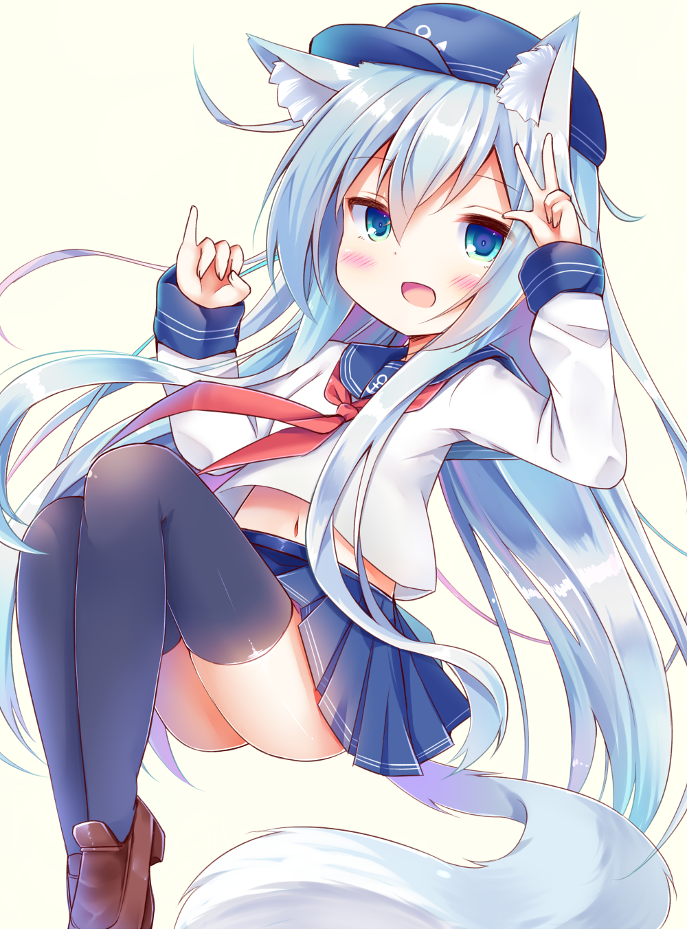 1girl :d anchor_symbol animal_ears arm_up bangs black_legwear blue_eyes blue_hat blue_sailor_collar blue_skirt blush brown_footwear commentary_request esureki eyebrows_visible_through_hair fingernails flat_cap grey_background hair_between_eyes hand_up hat hibiki_(kantai_collection) highres kantai_collection kemonomimi_mode loafers long_hair long_sleeves looking_at_viewer navel neckerchief open_mouth pleated_skirt red_neckwear sailor_collar school_uniform serafuku shirt shoes silver_hair simple_background skirt sleeves_past_wrists smile solo tail thigh-highs thighs very_long_hair white_shirt wolf_ears wolf_girl wolf_tail