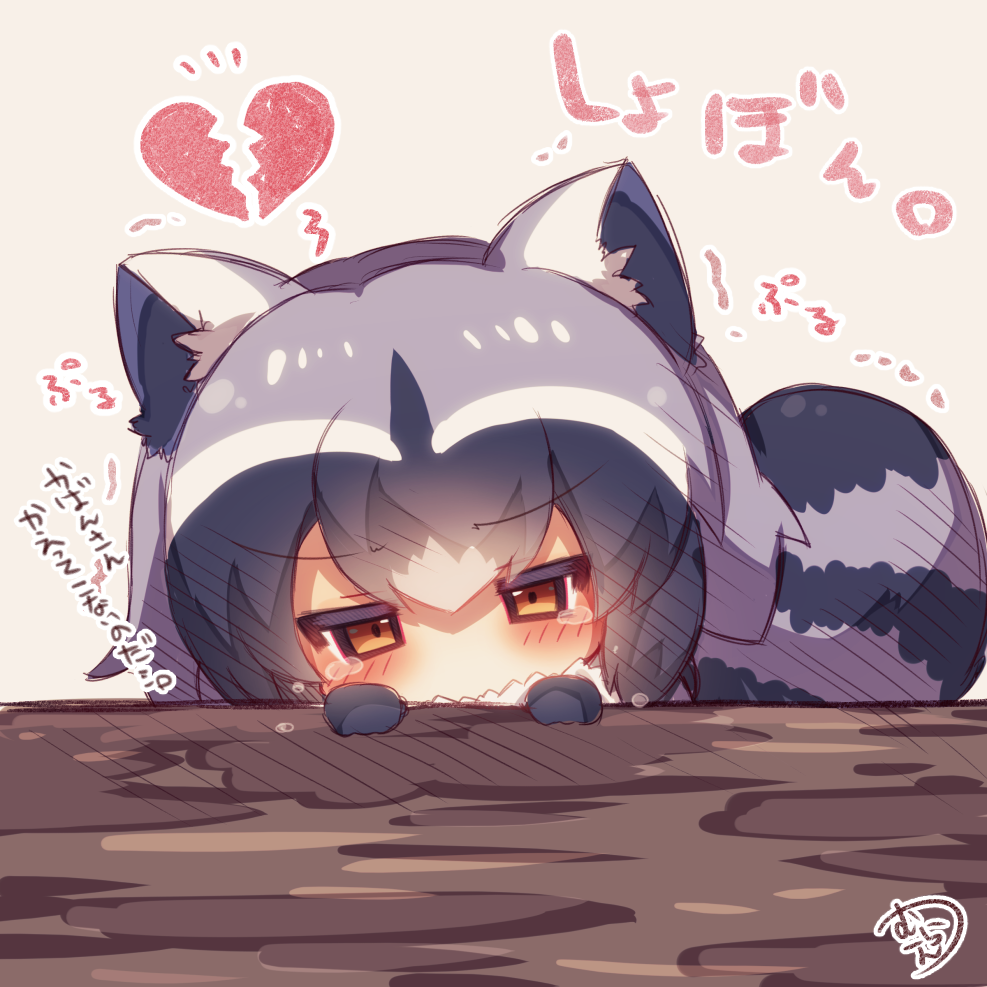 1girl animal_ears bangs black_gloves black_hair blush broken_heart brown_eyes chibi common_raccoon_(kemono_friends) eyebrows_visible_through_hair fur_collar gloves hair_between_eyes head_tilt kemono_friends multicolored_hair muuran raccoon_ears raccoon_tail signature silver_hair solo striped_tail tail tears translation_request trembling white_hair