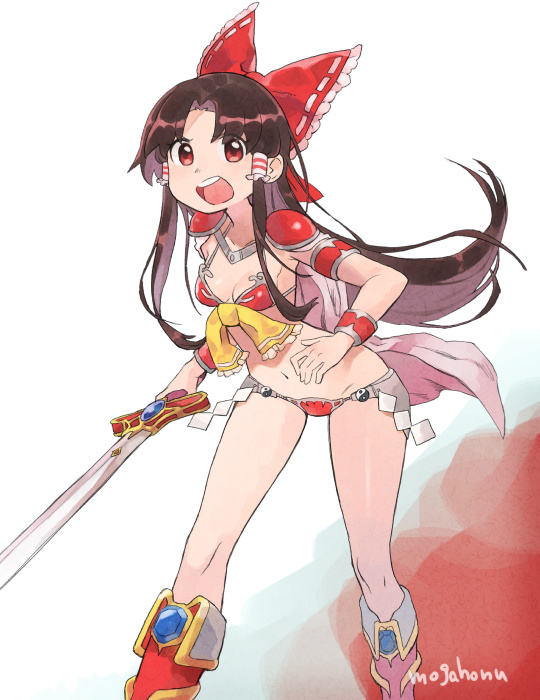 1girl armor artist_name bangs bare_legs bikini bikini_armor black_hair boots bow bracelet breasts cleavage floating_hair hair_bow hair_tubes hakurei_reimu holding holding_sword holding_weapon jewelry leaning_forward long_hair looking_at_viewer lowleg lowleg_bikini mogamiya_honu navel open_mouth parted_bangs red_bikini red_bow red_eyes red_footwear ribbon_trim shide shiny shiny_hair shoulder_pads signature small_breasts solo swimsuit sword teeth touhou weapon white_background yin_yang