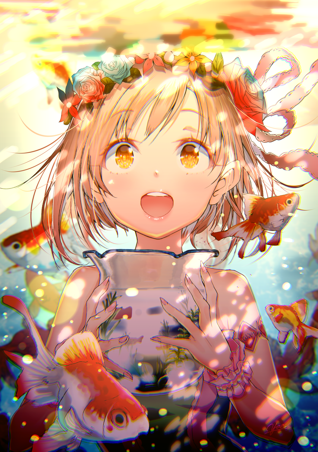 1girl aiba_yumi air_bubble bare_shoulders blonde_hair blush brown_eyes bubble commentary_request fish fish_tank floating_hair flower goldfish hair_flower hair_ornament hair_ribbon headband highres holding idolmaster idolmaster_cinderella_girls looking_at_viewer open_mouth ribbon scrunchie short_hair smile solo submerged underwater water wrist_scrunchie yae_(mono110)