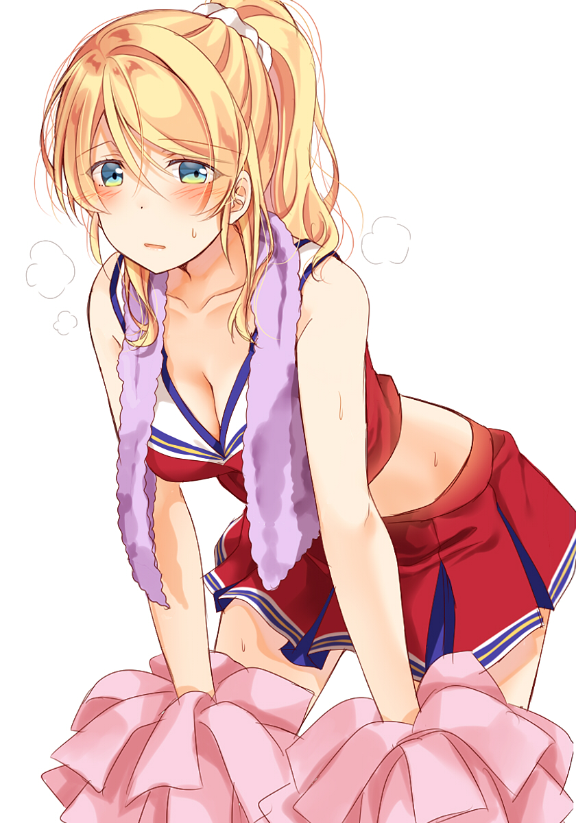 1girl ayase_eli bent_over blonde_hair blue_eyes blush breasts breath cheerleader cleavage crop_top hair_between_eyes highres leaning_forward long_hair looking_at_viewer love_live! love_live!_school_idol_project medium_breasts miniskirt mogu_(au1127) open_mouth pleated_skirt pom_pom_(clothes) pom_poms ponytail red_skirt scrunchie sidelocks simple_background skirt solo sweat tank_top towel towel_around_neck white_background white_scrunchie