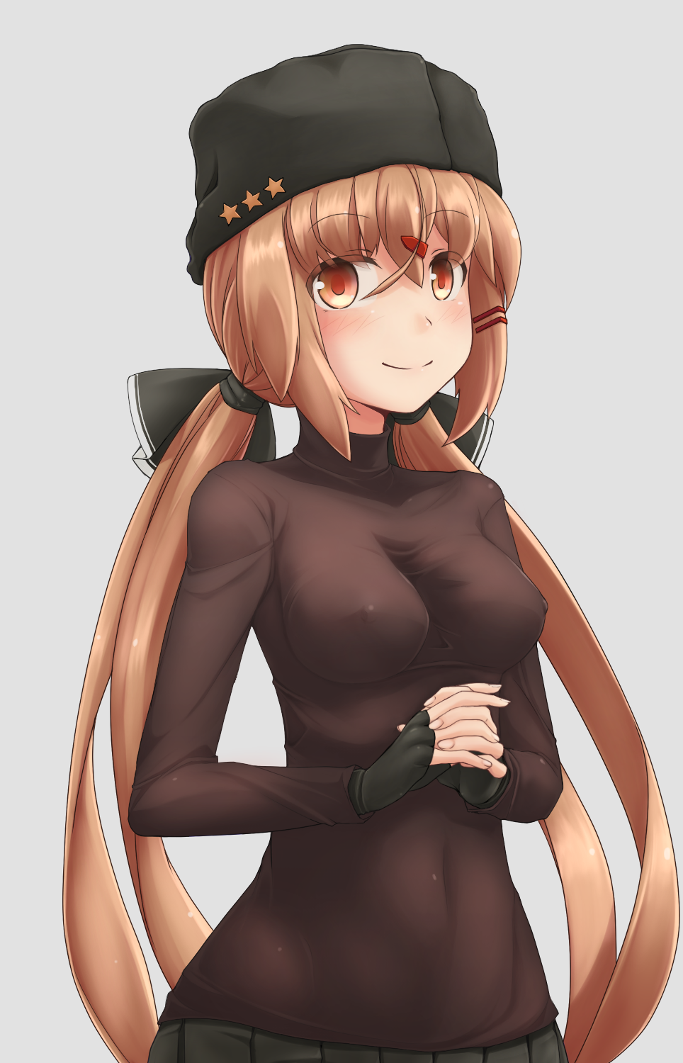 1girl black_bow black_gloves black_hat bow breasts brown_blouse brown_eyes brown_hair fingerless_gloves gloves hair_between_eyes hair_bow hair_ornament hairclip hat highres kantai_collection long_hair looking_at_viewer papakha skirt smile solo tashkent_(kantai_collection) tr-6 twintails