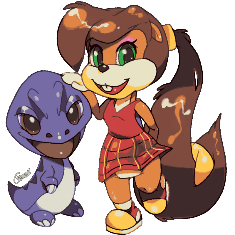 1girl berri bottomless brown_hair child chipmunk conker's_pocket_tales conker_(series) dinosaur dress furry green_eyes looking_at_viewer mblock no_humans ponytail rareware red_dress simple_background solo squirrel transparent_background twelve_tales:_conker_64 very_long_hair young