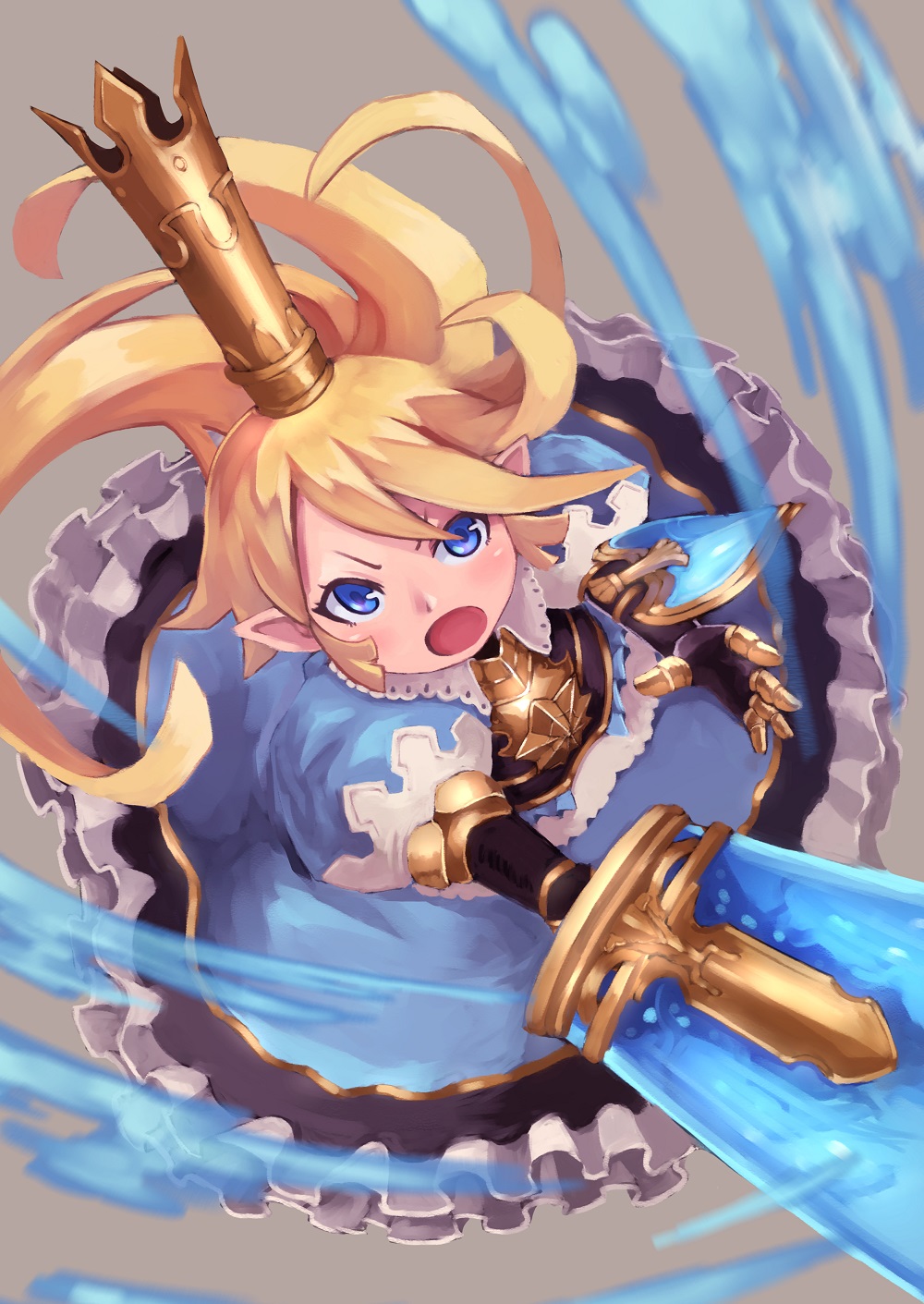 1girl blonde_hair blue_eyes blush charlotta_(granblue_fantasy) crown dress granblue_fantasy harvin highres holding holding_sword holding_weapon long_hair looking_at_viewer open_mouth pointy_ears solo sword tesshii_(riza4828) weapon