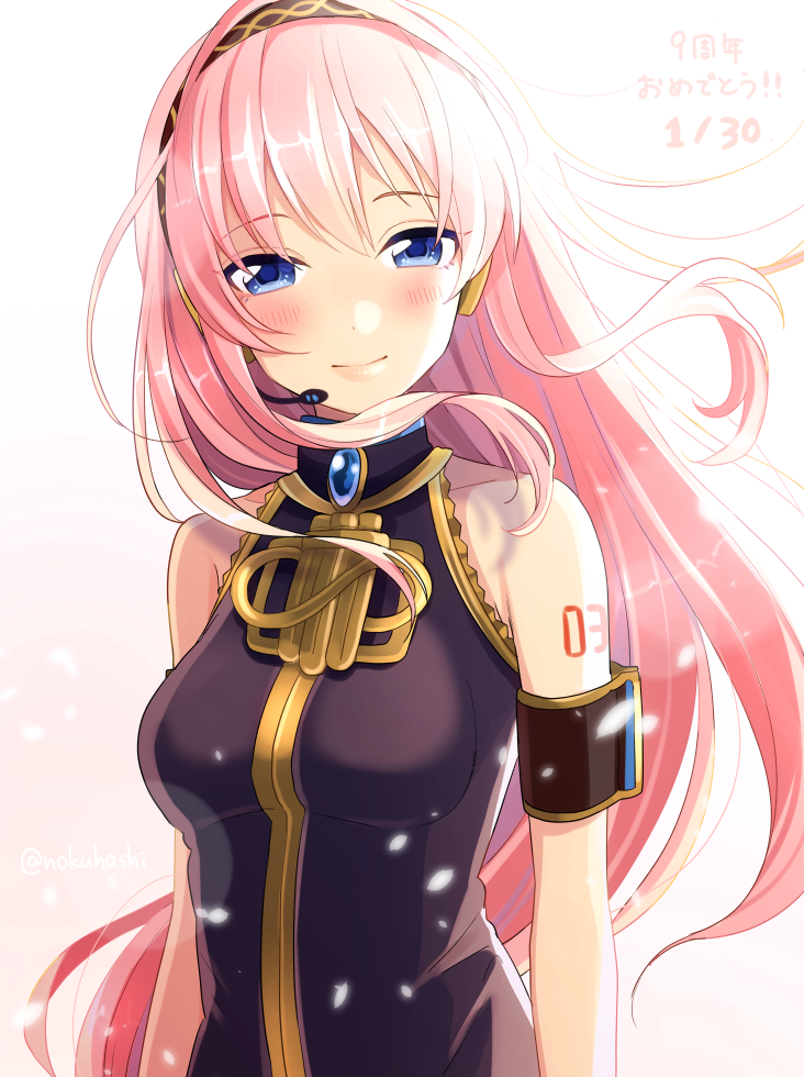 1girl arm_strap black_shirt blue_eyes blush breasts dated floating_hair hair_between_eyes hairband long_hair looking_at_viewer medium_breasts megurine_luka microphone nokuhashi pink_hair shirt sleeveless sleeveless_shirt smile solo very_long_hair vocaloid