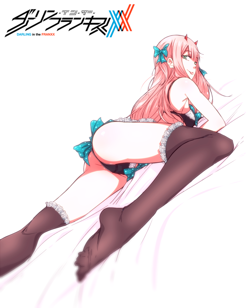1girl ass bed_sheet black_bra black_legwear black_panties bow bra breasts copyright_name darling_in_the_franxx green_eyes hair_bow highres horns lace lace-trimmed_bra lace-trimmed_panties lace-trimmed_thighhighs long_hair looking_at_viewer looking_back lying medium_breasts on_stomach panties pink_hair sbel02 simple_background solo thigh-highs tongue tongue_out underwear underwear_only white_background zero_two_(darling_in_the_franxx)